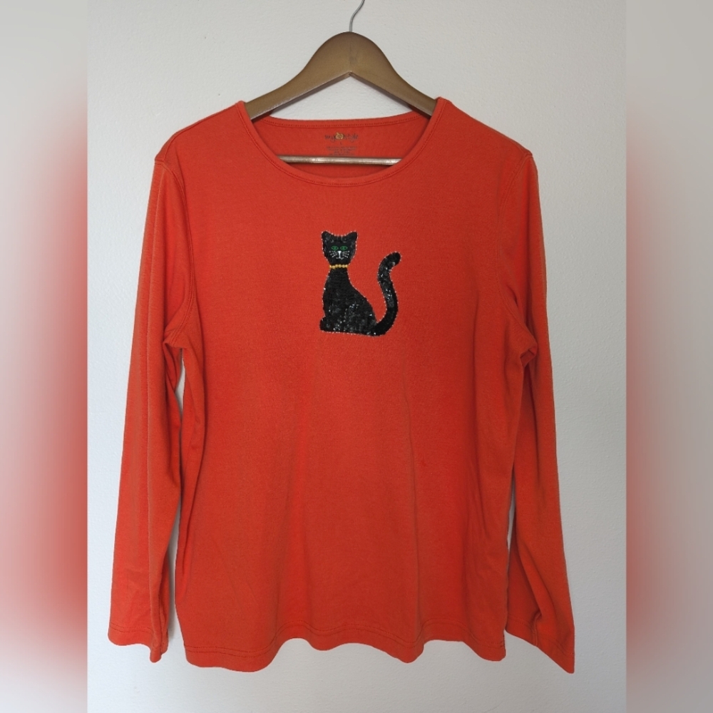 Orange Halloween Cat Long Sleeve Shirt